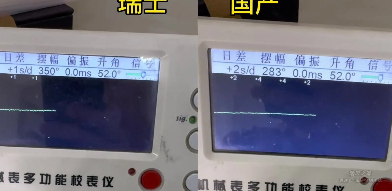 校錶儀上測試上海無卡度機芯與瑞士8806機芯